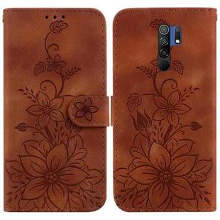 For Xiaomi Redmi 9/9 Prime / Poco M2 Lily Embossed Leather Phone Case(Brown)