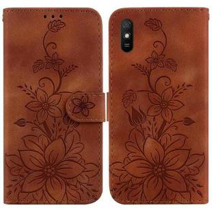 For Xiaomi Redmi 9A Lily Embossed Leather Phone Case(Brown)