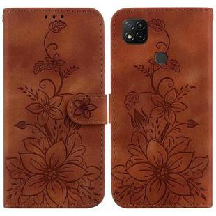 For Xiaomi Redmi 9C Lily Embossed Leather Phone Case(Brown)