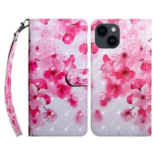 For iPhone 15 3D Painted Leather Phone Case(Red Flower)
