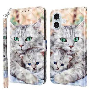 For iPhone 16 Plus 3D Painted Leather Phone Case(Two Loving Cats)