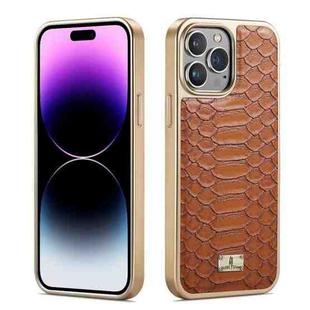 For iPhone 14 Pro Max Fierre Shann Python Texture Electroplating PU Phone Case(Brown)