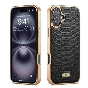 For iPhone 16 Plus Fierre Shann Python Texture Electroplating PU Phone Case(Black)