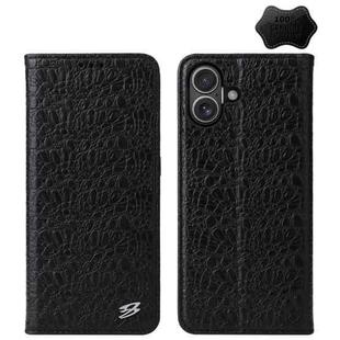 For iPhone 16 Plus Fierre Shann Crocodile Texture Magnetic Genuine Leather Phone Case(Black)