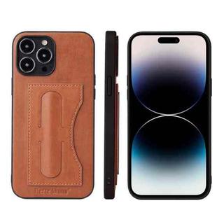 For iPhone 15 Pro Max Fierre Shann Holder Back Cover PU Phone Case(Brown)