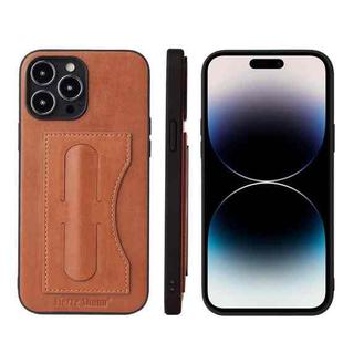 For iPhone 15 Pro Fierre Shann Holder Back Cover PU Phone Case(Brown)