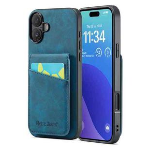 For iPhone 16 Plus Fierre Shann Crazy Horse Card Holder Back Cover PU Phone Case(Blue)