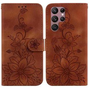 For Samsung Galaxy S22 Ultra 5G Lily Embossed Leather Phone Case(Brown)