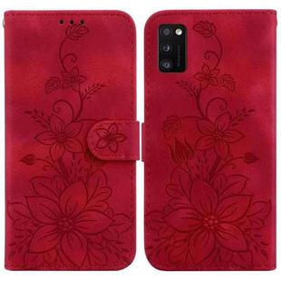 For Samsung Galaxy A41 Lily Embossed Leather Phone Case(Red)
