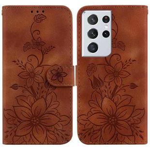 For Samsung Galaxy S21 Ultra 5G Lily Embossed Leather Phone Case(Brown)