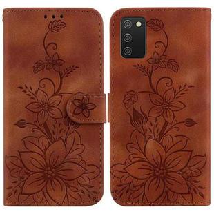 For Samsung Galaxy A02s EU 166.5mm Lily Embossed Leather Phone Case(Brown)