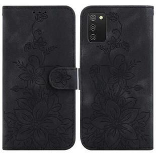 For Samsung Galaxy A02s EU 166.5mm Lily Embossed Leather Phone Case(Black)