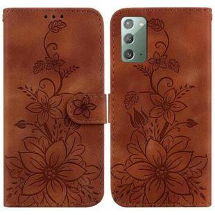 For Samsung Galaxy Note20 Lily Embossed Leather Phone Case(Brown)