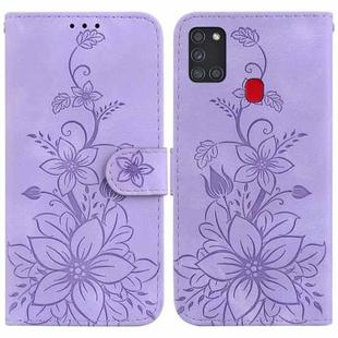 For Samsung Galaxy A21s Lily Embossed Leather Phone Case(Purple)