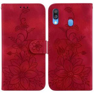 For Samsung Galaxy A40 Lily Embossed Leather Phone Case(Red)