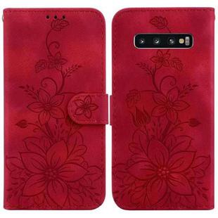 For Samsung Galaxy S10 Lily Embossed Leather Phone Case(Red)