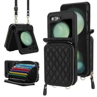 For Samsung Galaxy Z Flip5 Rhombic Texture Card Bag Phone Case with Dual Lanyard(Black)