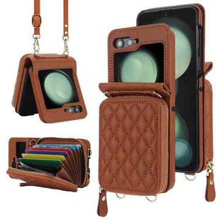 For Samsung Galaxy Z Flip5 Rhombic Texture Card Bag Phone Case with Dual Lanyard(Brown)