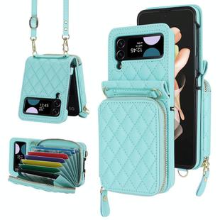 For Samsung Galaxy Z Flip4 Rhombic Texture Card Bag Phone Case with Dual Lanyard(Green)