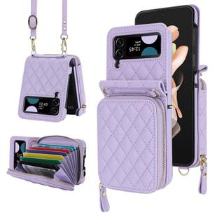 For Samsung Galaxy Z Flip4 Rhombic Texture Card Bag Phone Case with Dual Lanyard(Purple)
