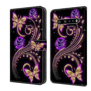 For LG V60 ThinQ 5G Crystal 3D Shockproof Protective Leather Phone Case(Purple Flower Butterfly)
