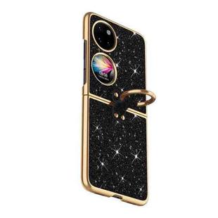 For Huawei P50 Pocket Plating Gradient Color Glitter Phone Case With Ring Holder(Black)