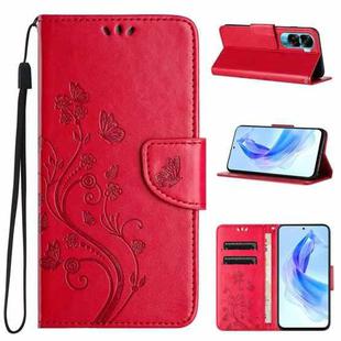 For Honor 90 Lite Butterfly Flower Pattern Flip Leather Phone Case(Red)