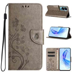 For Honor 90 Lite Butterfly Flower Pattern Flip Leather Phone Case(Grey)