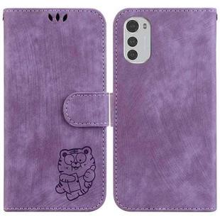 For Motorola Moto E32 Little Tiger Embossed Leather Phone Case(Purple)