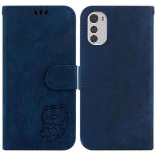 For Motorola Moto E32 Little Tiger Embossed Leather Phone Case(Dark Blue)