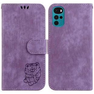 For Motorola Moto G22 Little Tiger Embossed Leather Phone Case(Purple)