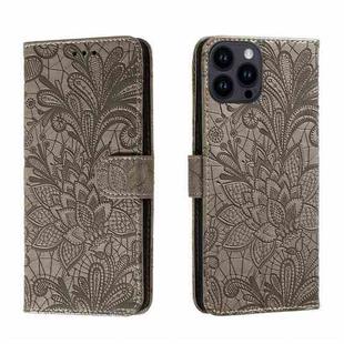 For iPhone 15 Pro Lace Flower Embossing Flip Leather Phone Case(Grey)