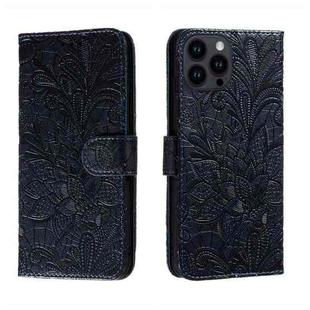 For iPhone 15 Pro Lace Flower Embossing Flip Leather Phone Case(Dark Blue)