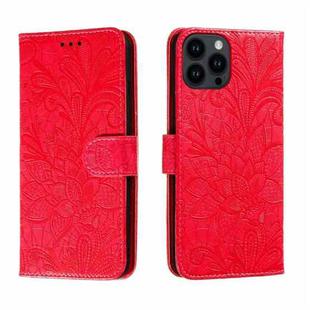 For iPhone 15 Pro Lace Flower Embossing Flip Leather Phone Case(Red)