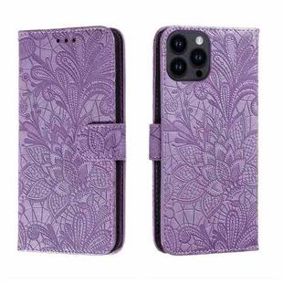 For iPhone 15 Pro Max Lace Flower Embossing Flip Leather Phone Case(Purple)