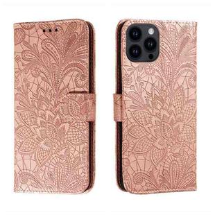 For iPhone 15 Pro Max Lace Flower Embossing Flip Leather Phone Case(Rose Gold)