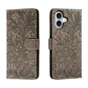 For iPhone 16 Lace Flower Embossing Flip Leather Phone Case(Grey)