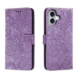 For iPhone 16 Lace Flower Embossing Flip Leather Phone Case(Purple)