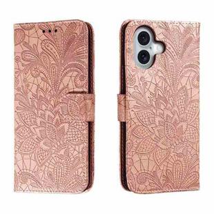 For iPhone 16 Lace Flower Embossing Flip Leather Phone Case(Rose Gold)