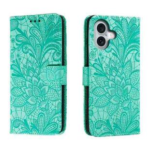 For iPhone 16 Lace Flower Embossing Flip Leather Phone Case(Green)
