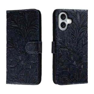 For iPhone 16 Lace Flower Embossing Flip Leather Phone Case(Dark Blue)