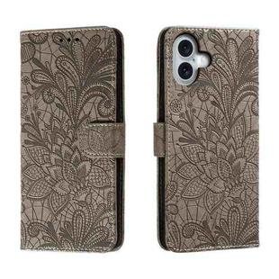 For iPhone 16 Plus Lace Flower Embossing Flip Leather Phone Case(Grey)