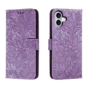 For iPhone 16 Plus Lace Flower Embossing Flip Leather Phone Case(Purple)