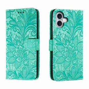 For iPhone 16 Plus Lace Flower Embossing Flip Leather Phone Case(Green)