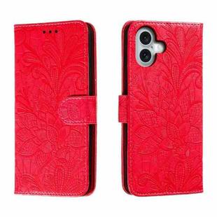 For iPhone 16 Plus Lace Flower Embossing Flip Leather Phone Case(Red)