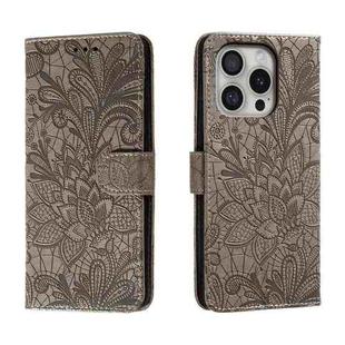 For iPhone 16 Pro Lace Flower Embossing Flip Leather Phone Case(Grey)