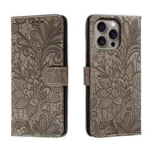 For iPhone 16 Pro Max Lace Flower Embossing Flip Leather Phone Case(Grey)