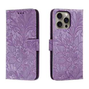 For iPhone 16 Pro Max Lace Flower Embossing Flip Leather Phone Case(Purple)