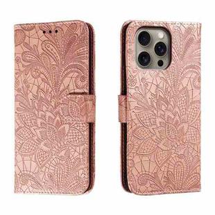 For iPhone 16 Pro Max Lace Flower Embossing Flip Leather Phone Case(Rose Gold)