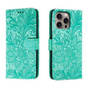 For iPhone 16 Pro Max Lace Flower Embossing Flip Leather Phone Case(Green)